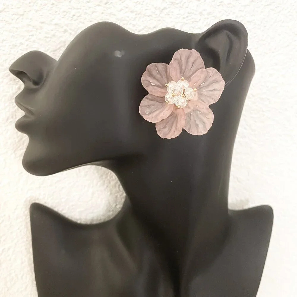 925 Sterling Silver Flower Petal Earrings Large Statement Earrings Floral Studs - Picture 5 of 12